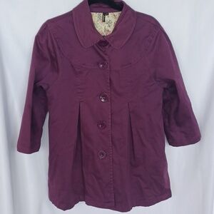 Ambition Floral Lined Button Up Pleated Swing Coat, Eggplant, 3/4 Sleeve